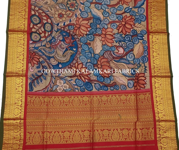 KALAMKARI HAND PAINTED KANCHI BORDER DUPATTA -KHPKBD015
