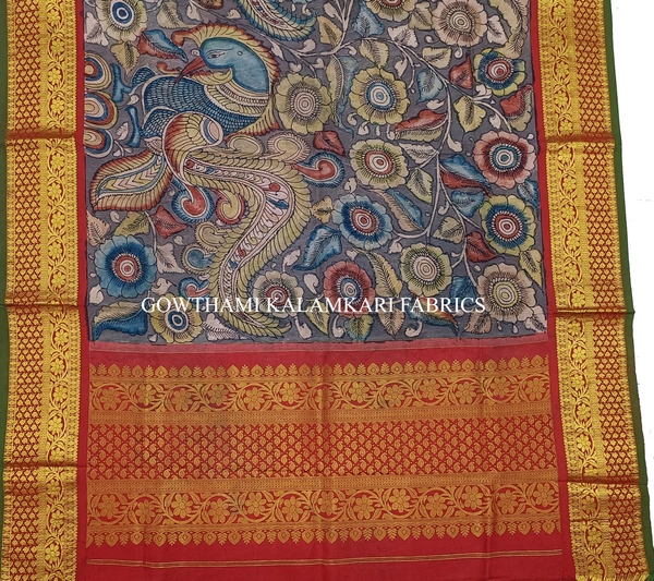 KALAMKARI HAND PAINTED KANCHI BORDER DUPATTA -KHPKBD016