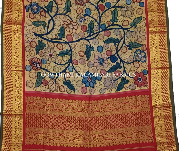 KALAMKARI HAND PAINTED KANCHI BORDER DUPATTA -KHPKBD017