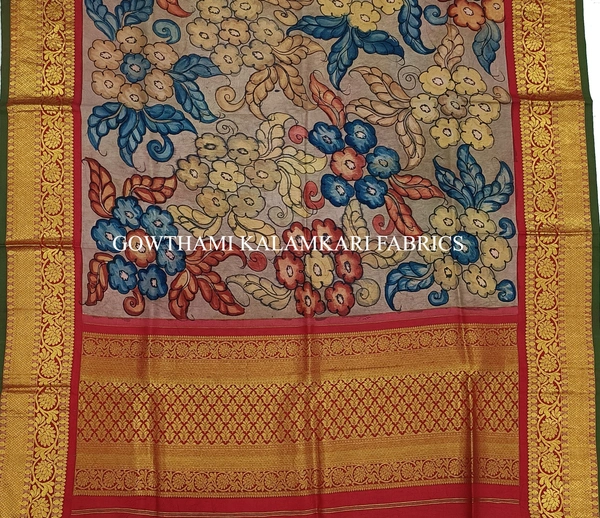 KALAMKARI HAND PAINTED KANCHI BORDER DUPATTA -KHPKBD019