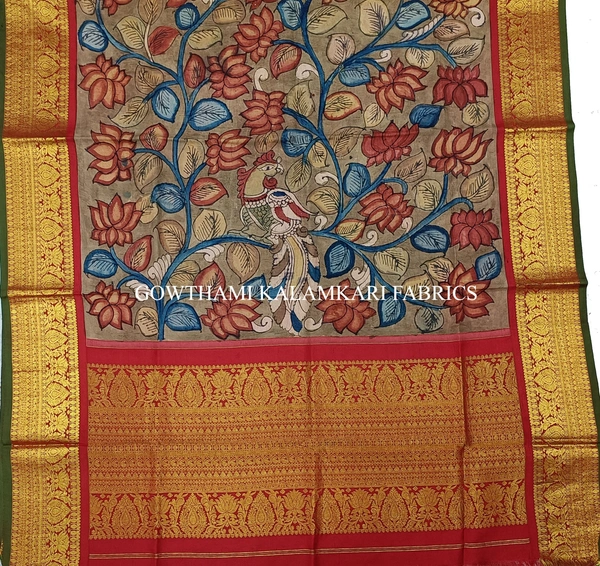 KALAMKARI HAND PAINTED KANCHI BORDER DUPATTA -KHPKBD020
