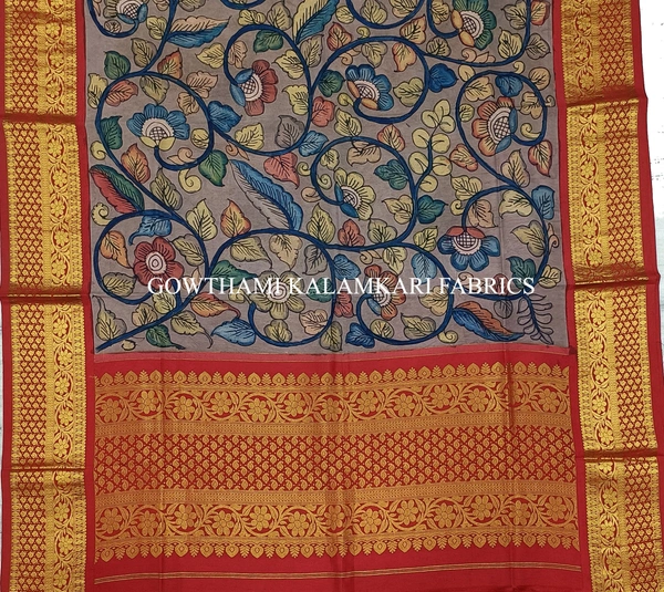 KALAMKARI HAND PAINTED KANCHI BORDER DUPATTA -KHPKBD021