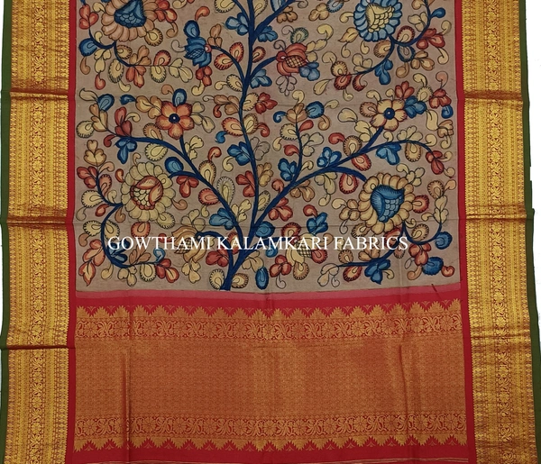 KALAMKARI HAND PAINTED KANCHI BORDER DUPATTA -KHPKBD022
