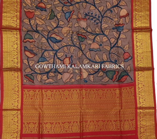 KALAMKARI HAND PAINTED KANCHI BORDER DUPATTA -KHPKBD023