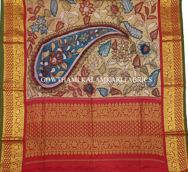 KALAMKARI HAND PAINTED KANCHI BORDER DUPATTA -KHPKBD024