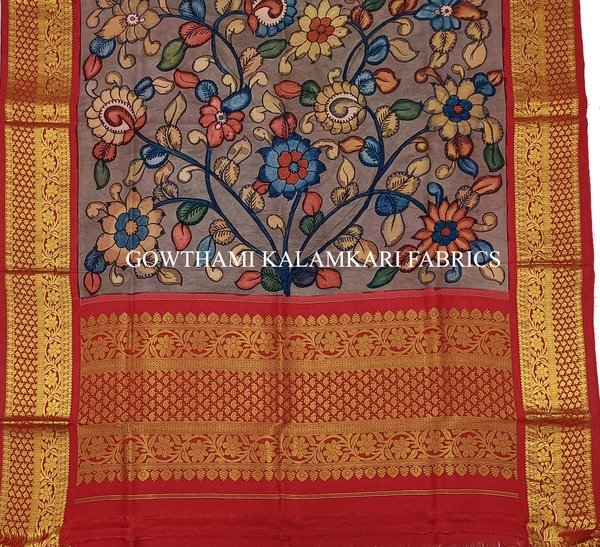 KALAMKARI HAND PAINTED KANCHI BORDER DUPATTA -KHPKBD025