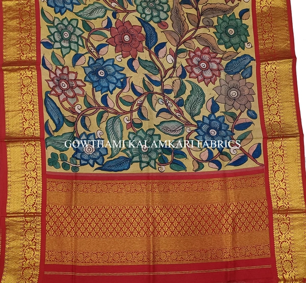 KALAMKARI HAND PAINTED KANCHI BORDER DUPATTA -KHPKBD026