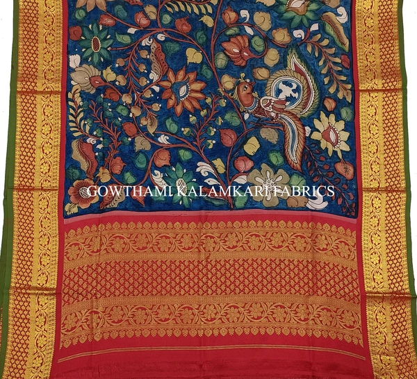 KALAMKARI HAND PAINTED KANCHI BORDER DUPATTA -KHPKBD031