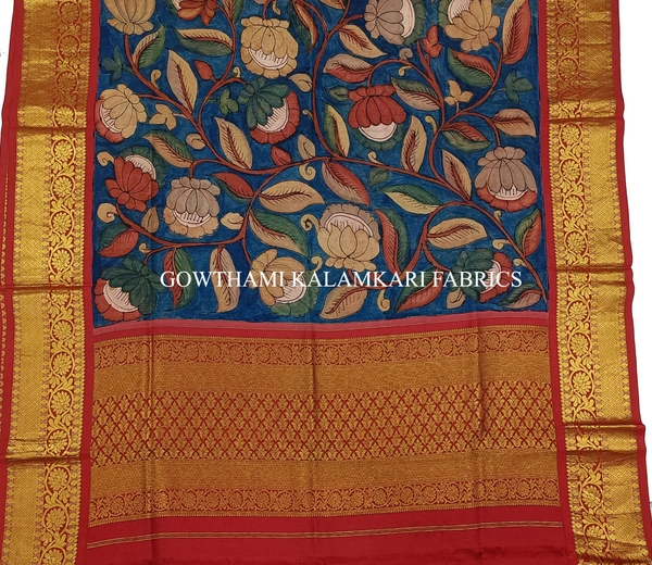 KALAMKARI HAND PAINTED KANCHI BORDER DUPATTA -KHPKBD032
