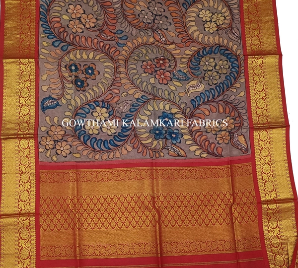 KALAMKARI HAND PAINTED KANCHI BORDER DUPATTA -KHPKBD033