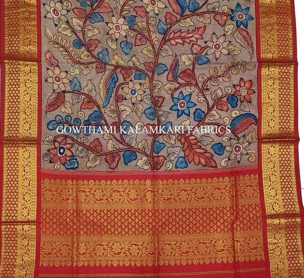 KALAMKARI HAND PAINTED KANCHI BORDER DUPATTA -KHPKBD034