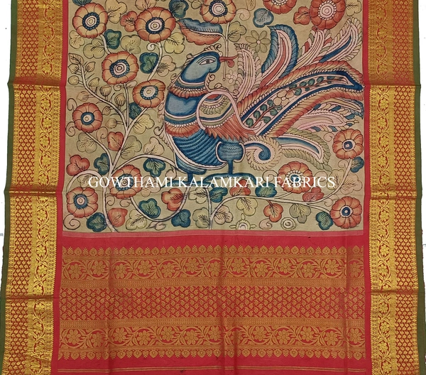 KALAMKARI HAND PAINTED KANCHI BORDER DUPATTA -KHPKBD035