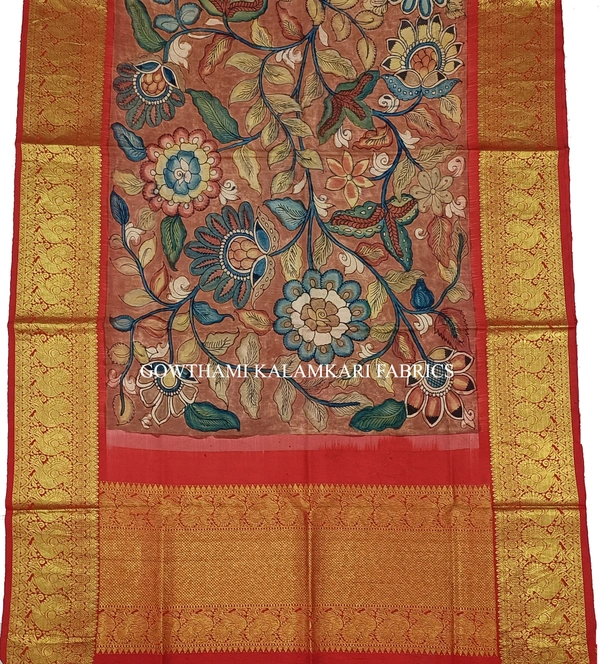 KALAMKARI HAND PAINTED KANCHI BORDER DUPATTA -KHPKBD036