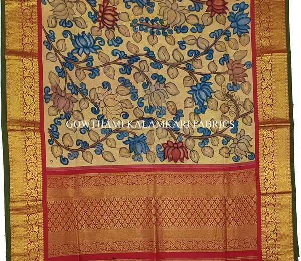 KALAMKARI HAND PAINTED KANCHI BORDER DUPATTA -KHPKBD037