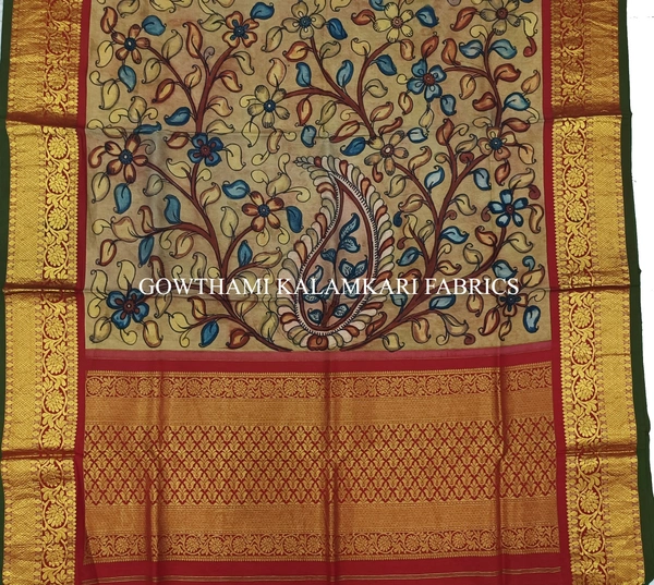 KALAMKARI HAND PAINTED KANCHI BORDER DUPATTA -KHPKBD038