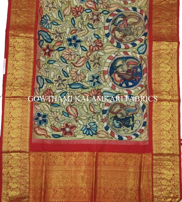 KALAMKARI HAND PAINTED KANCHI BORDER DUPATTA -KHPKBD039