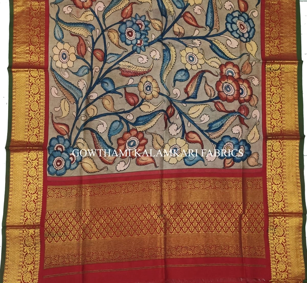 KALAMKARI HAND PAINTED KANCHI BORDER DUPATTA -KHPKBD042