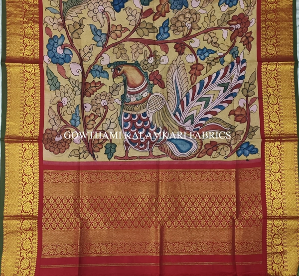 KALAMKARI HAND PAINTED KANCHI BORDER DUPATTA -KHPKBD047