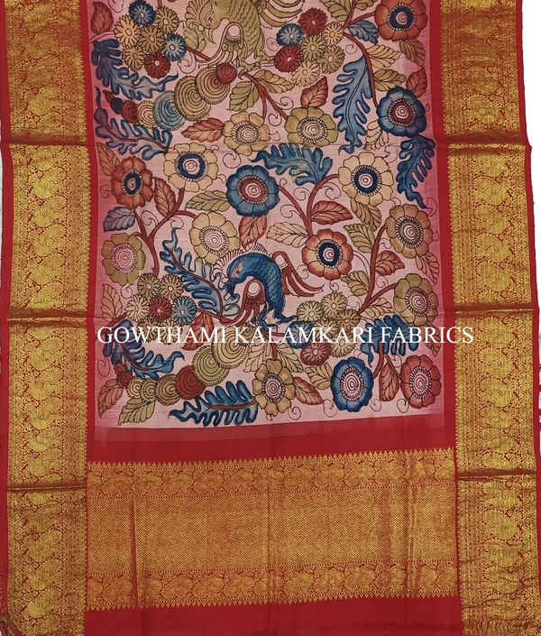 KALAMKARI HAND PAINTED KANCHI BORDER DUPATTA -KHPKBD048
