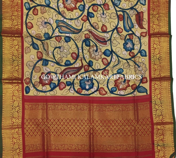 KALAMKARI HAND PAINTED KANCHI BORDER DUPATTA -KHPKBD049
