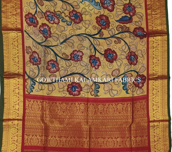 KALAMKARI HAND PAINTED KANCHI BORDER DUPATTA -KHPKBD052