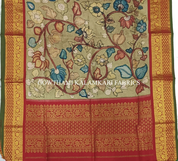 KALAMKARI HAND PAINTED KANCHI BORDER DUPATTA -KHPKBD054