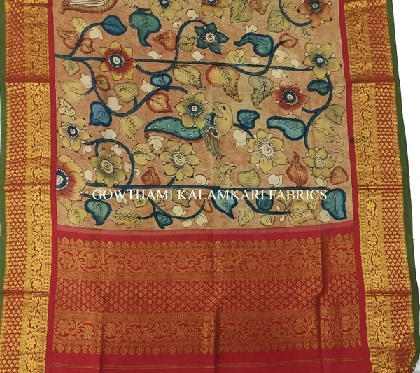 KALAMKARI HAND PAINTED KANCHI BORDER DUPATTA -KHPKBD055