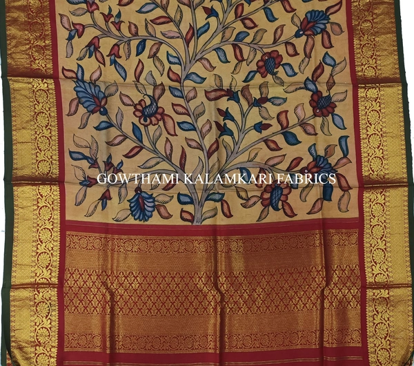KALAMKARI HAND PAINTED KANCHI BORDER DUPATTA -KHPKBD057