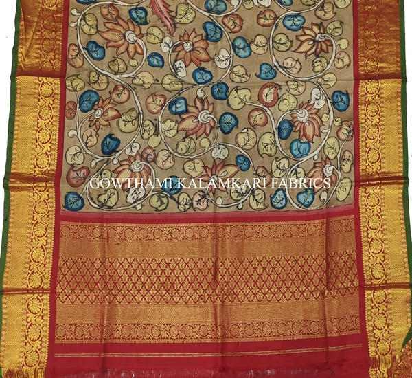 KALAMKARI HAND PAINTED KANCHI BORDER DUPATTA -KHPKBD058