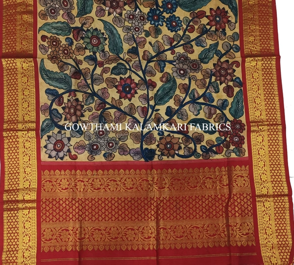 KALAMKARI HAND PAINTED KANCHI BORDER DUPATTA -KHPKBD059