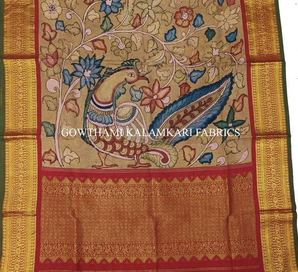 KALAMKARI HAND PAINTED KANCHI BORDER DUPATTA -KHPKBD060