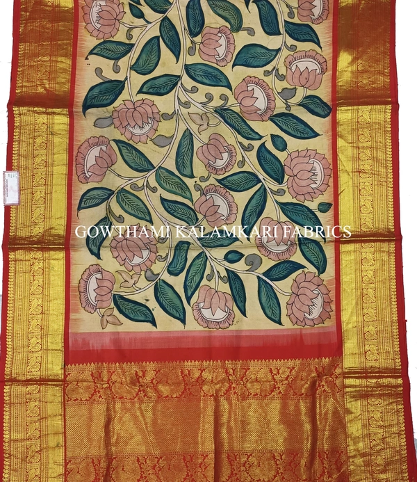 KALAMKARI HAND PAINTED KANCHI BORDER DUPATTA -KHPKBD061