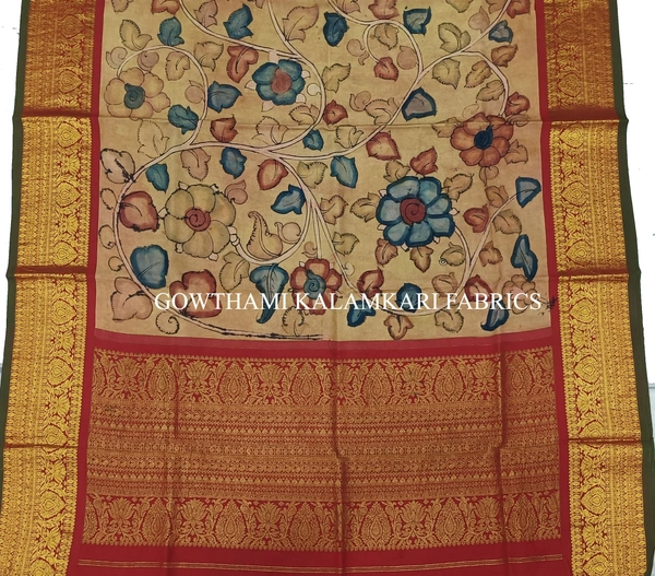 KALAMKARI HAND PAINTED KANCHI BORDER DUPATTA -KHPKBD062