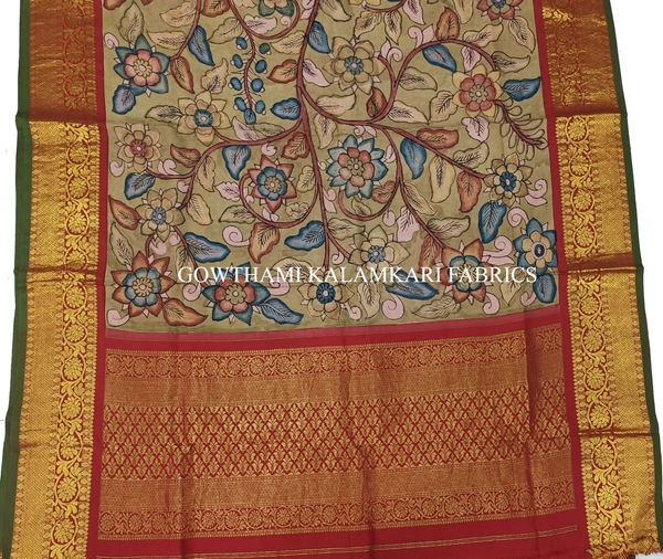 KALAMKARI HAND PAINTED KANCHI BORDER DUPATTA -KHPKBD064