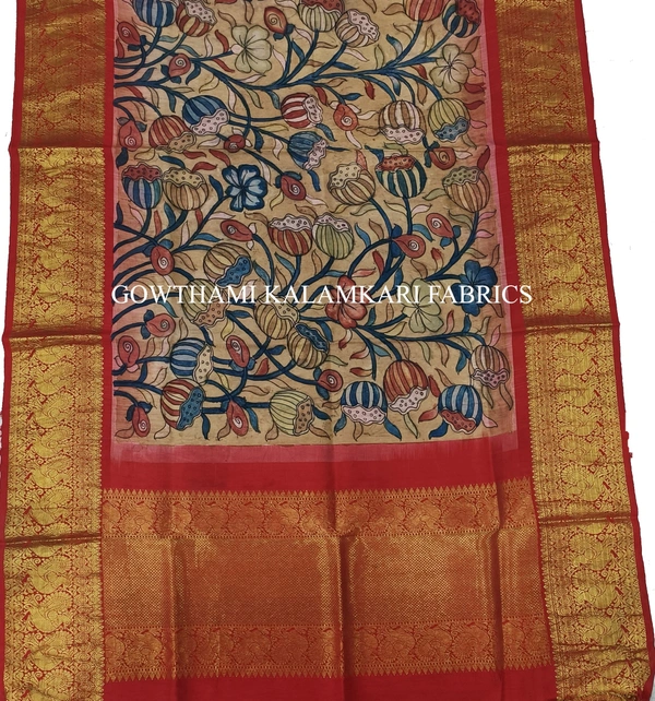 KALAMKARI HAND PAINTED KANCHI BORDER DUPATTA -KHPKBD067
