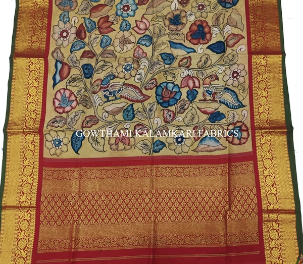 KALAMKARI HAND PAINTED KANCHI BORDER DUPATTA -KHPKBD068