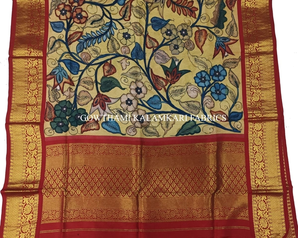 KALAMKARI HAND PAINTED KANCHI BORDER DUPATTA -KHPKBD069