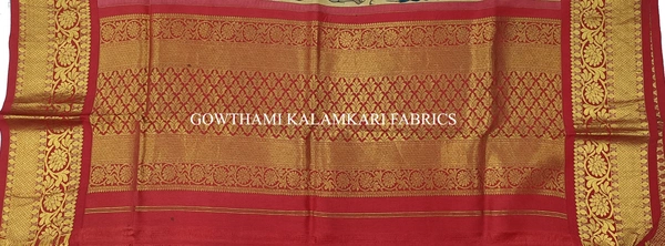 KALAMKARI HAND PAINTED KANCHI BORDER DUPATTA -KHPKBD069