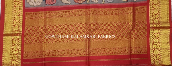 KALAMKARI HAND PAINTED KANCHI BORDER DUPATTA -KHPKBD071