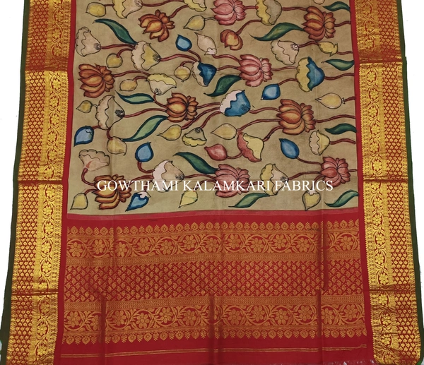 KALAMKARI HAND PAINTED KANCHI BORDER DUPATTA -KHPKBD072