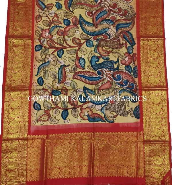 KALAMKARI HAND PAINTED KANCHI BORDER DUPATTA -KHPKBD073