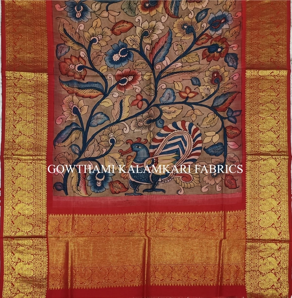 KALAMKARI HAND PAINTED KANCHI BORDER DUPATTA -KHPKBD074