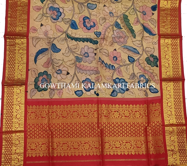 KALAMKARI HAND PAINTED KANCHI BORDER DUPATTA -KHPKBD077