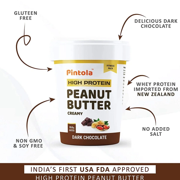 Pintola HIGH Protein Peanut Butter (Dark Chocolate) (Creamy) | 30% Protein | High Fibre | NO Salt - 500g, Creamy