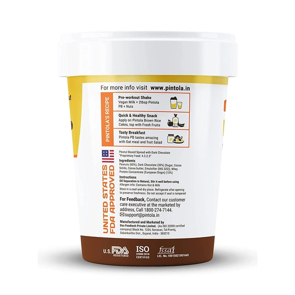 Pintola HIGH Protein Peanut Butter (Dark Chocolate) (Creamy) | 30% Protein | High Fibre | NO Salt - 500g, Dark Chocolate