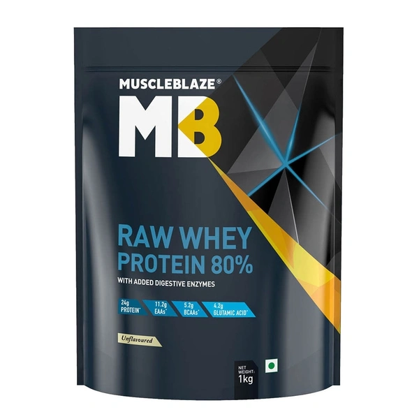 Muscleblaze  MuscleBlaze 80% Raw Whey Protein Supplement Powder, 1 kg (2.2 lb), 33 Servings (Unflavoured) - Unflavoured, 1kg