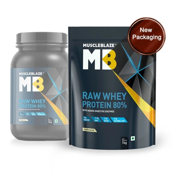 Muscleblaze  MuscleBlaze 80% Raw Whey Protein Supplement Powder, 1 kg (2.2 lb), 33 Servings (Unflavoured) - Unflavoured, 1kg