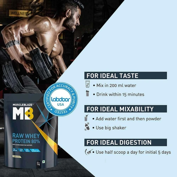 Muscleblaze  MuscleBlaze 80% Raw Whey Protein Supplement Powder, 1 kg (2.2 lb), 33 Servings (Unflavoured) - Unflavoured, 1kg