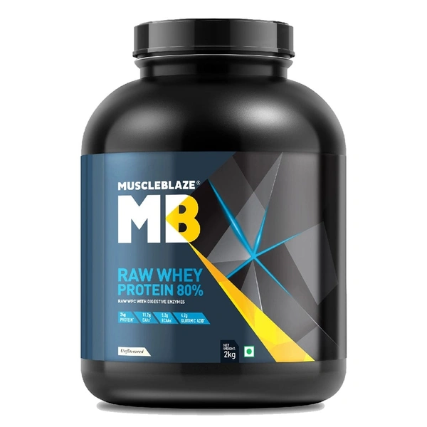 Muscleblaze  MuscleBlaze 80% Raw Whey Protein Supplement Powder, 2 kg (4.4 lb), 66 Servings (Unflavoured) - Unflavoured, 4.4 Lbs