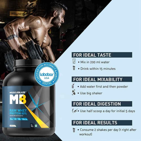 Muscleblaze  MuscleBlaze 80% Raw Whey Protein Supplement Powder, 2 kg (4.4 lb), 66 Servings (Unflavoured) - Unflavoured, 4.4 Lbs